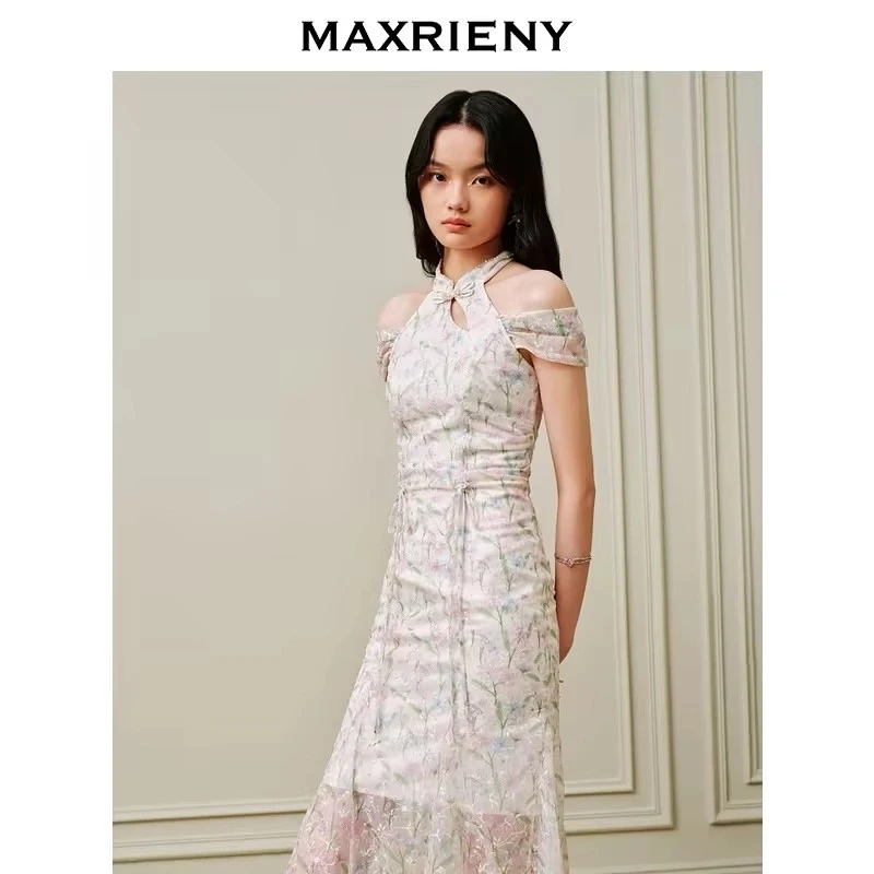 MAXRIENY仙美国风新中式印花气质衬衫拼接连衣裙立领MC88DR380F10
