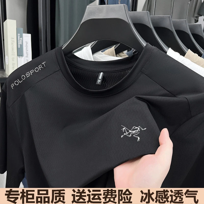 大牌正品始祖刺绣鸟男士短袖t恤夏季高端圆领冰丝休闲运动速干T恤