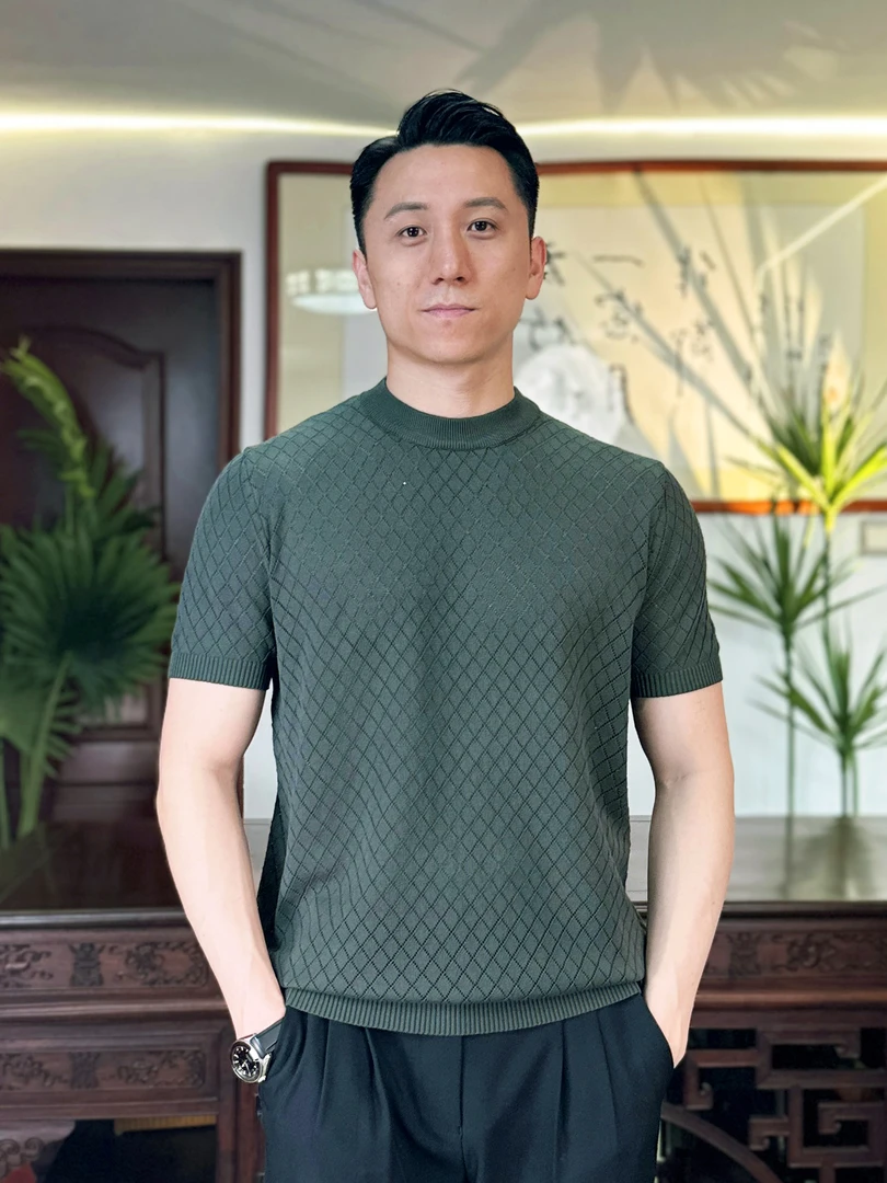 2025夏季薄款轻奢简约男士修身菱格纹圆领针织衫显气质百搭潮