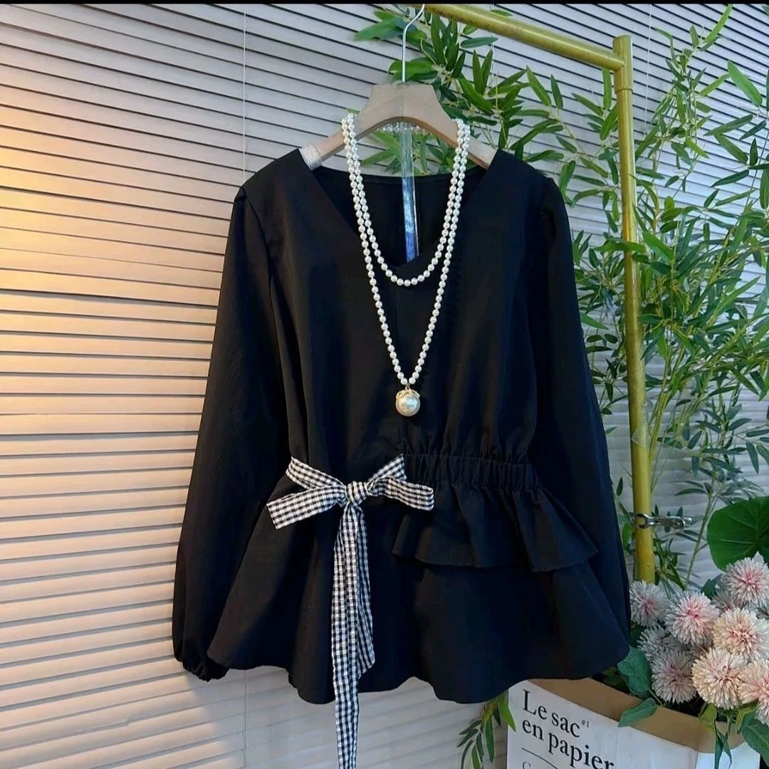 大码女装时尚减龄蝴蝶结设计V领女士长袖衬衫修身显瘦洋气百搭