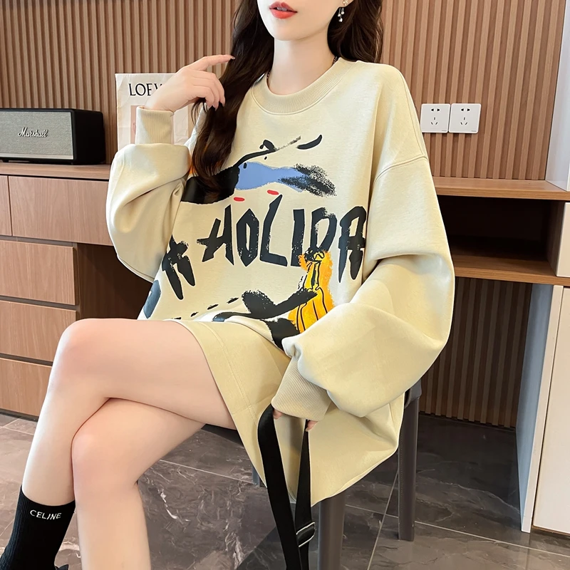 2025秋季新款韩版宽松oversize长袖卫衣女休闲炸街大码遮臀上衣潮