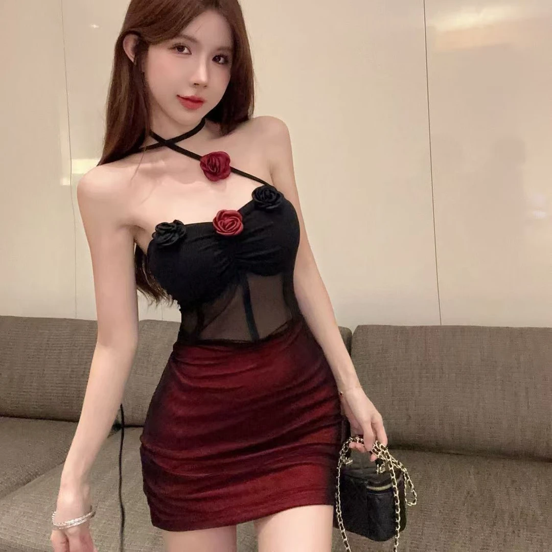 性感辣妹鱼骨纹网纱拼接短裙女纯欲修身花朵包臀裙带胸垫睡衣外穿