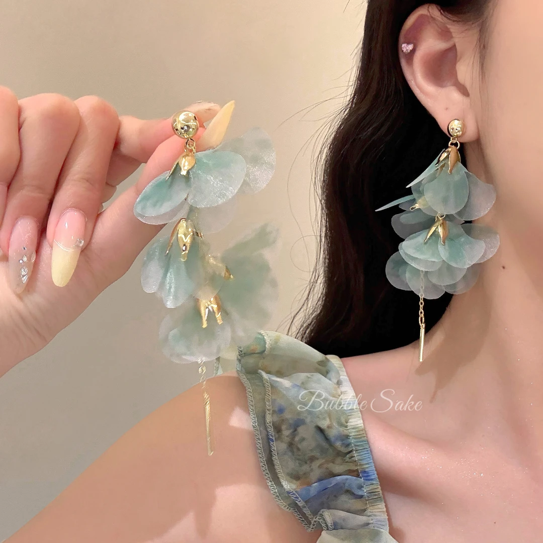 非金属布艺耳饰 【花季少女】甜美网纱流苏海边度假风夸张花朵耳饰