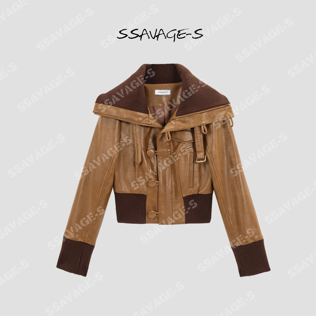 SSAVAGE“斯图加利”立裁拼色针织皮衣短款飞行员夹克SS90862