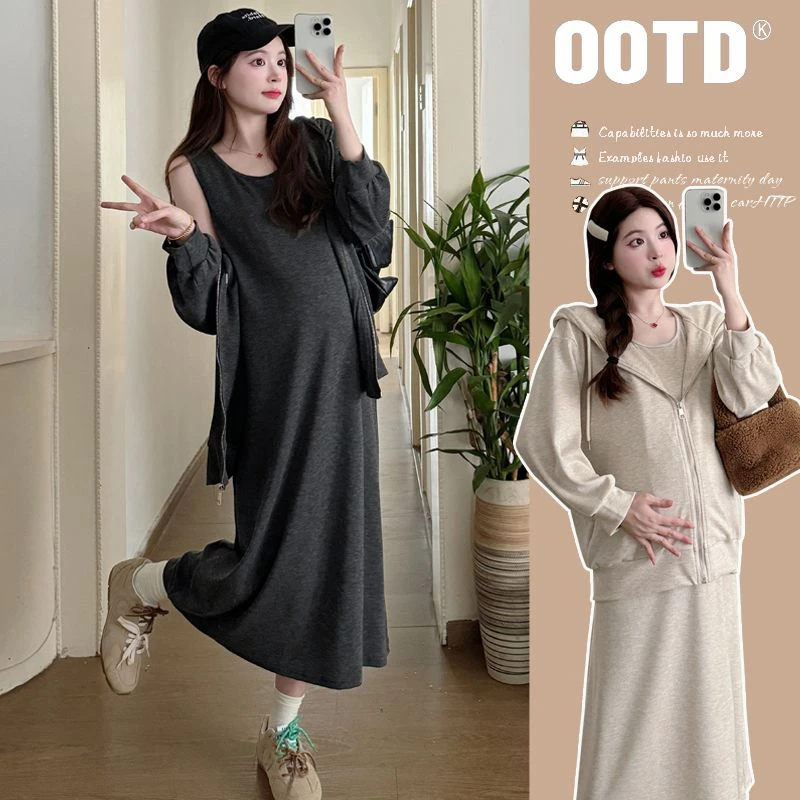 孕妇连衣裙早秋长袖连帽卫衣外套搭配背心裙秋冬休闲套装宽松外穿