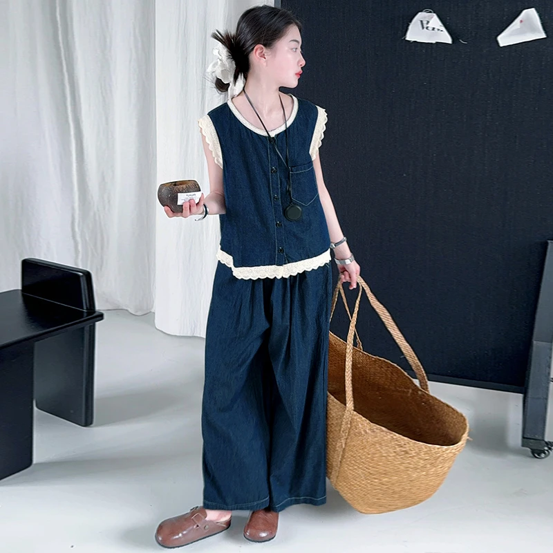 女童无袖牛仔套装夏季2025新款儿童洋气时髦薄款中大童夏装阔腿裤