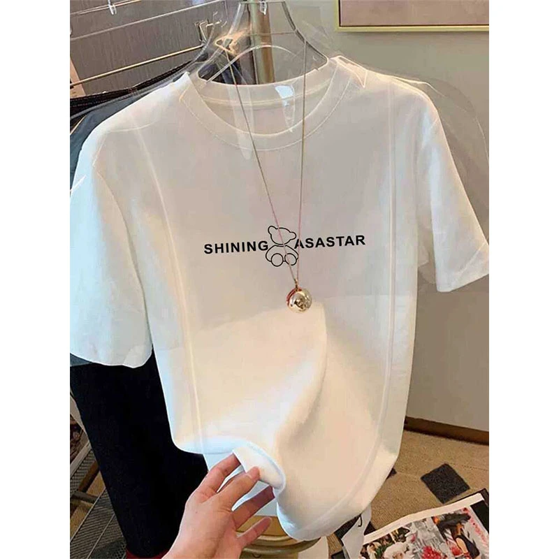 正肩线条拉直短袖t恤女时尚白色上衣加厚磨毛打底衫2025春夏秋季