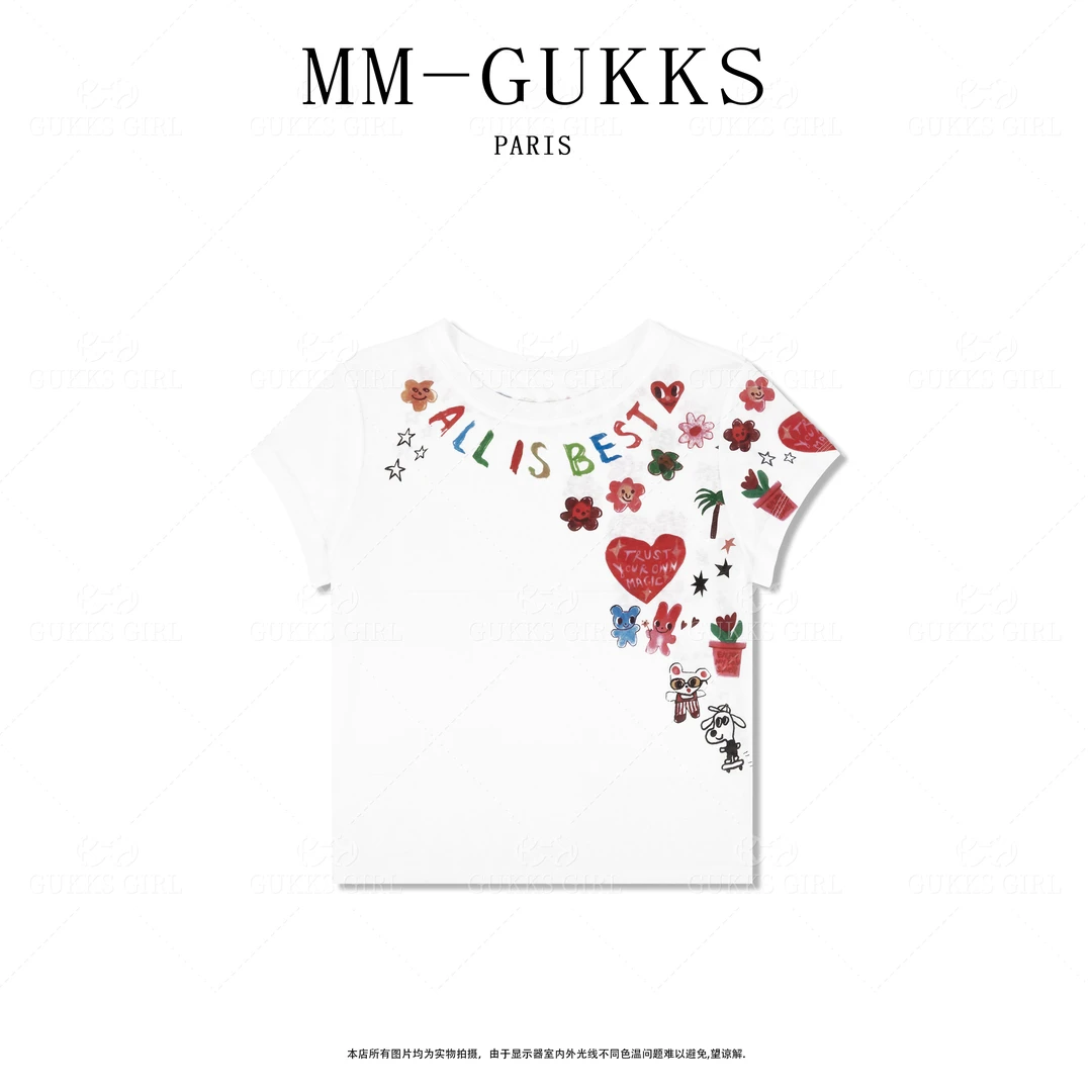 明明GUKKS『爱心字母』夏季时尚数码直喷卡通涂鸦薄款舒适短袖t恤