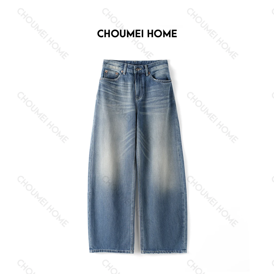 Choumei Home2025秋冬康龙面料牛仔裤女 怀旧复古微弯刀阔腿长裤