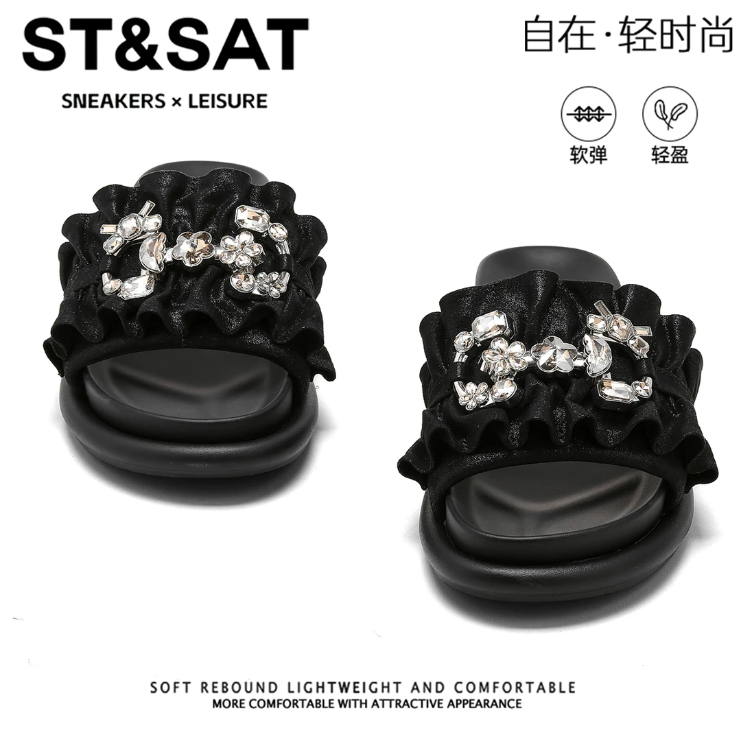 星期六海边沙滩绝美一字拖女2025新爆款夏季凉拖鞋水钻厚底凉拖鞋