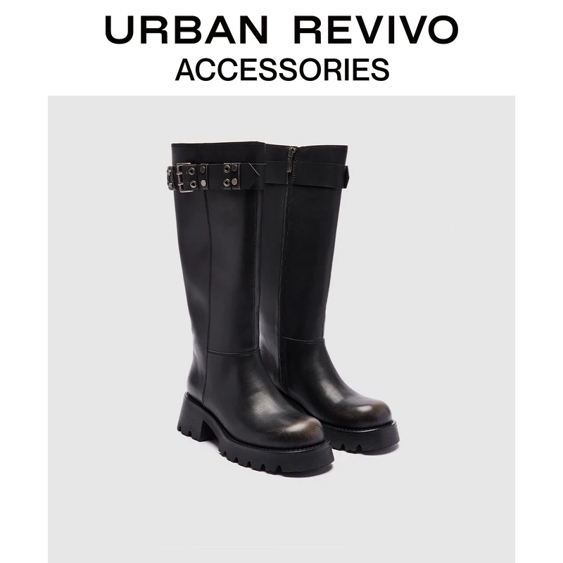 URBAN REVIVO2025秋季新款女士复古铆钉厚底长靴UAYS50096