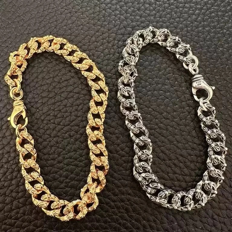 925银手链 克罗心满花金色十字花手链个性小众霸气经典款古巴链