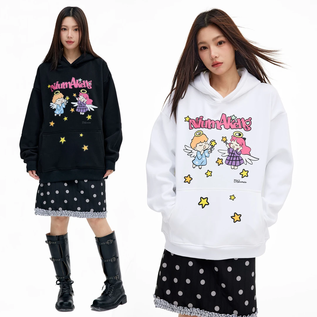(NMK)国潮小天使星星魔法棒印花2025新款加绒宽松连帽卫衣秋冬