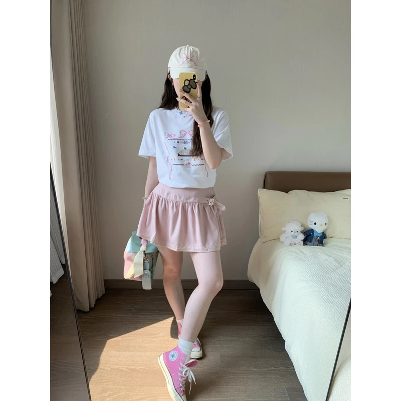 小沈美眉 莓莓甜心 小众拼接短裙春夏A字高腰显瘦半身裙裙子女
