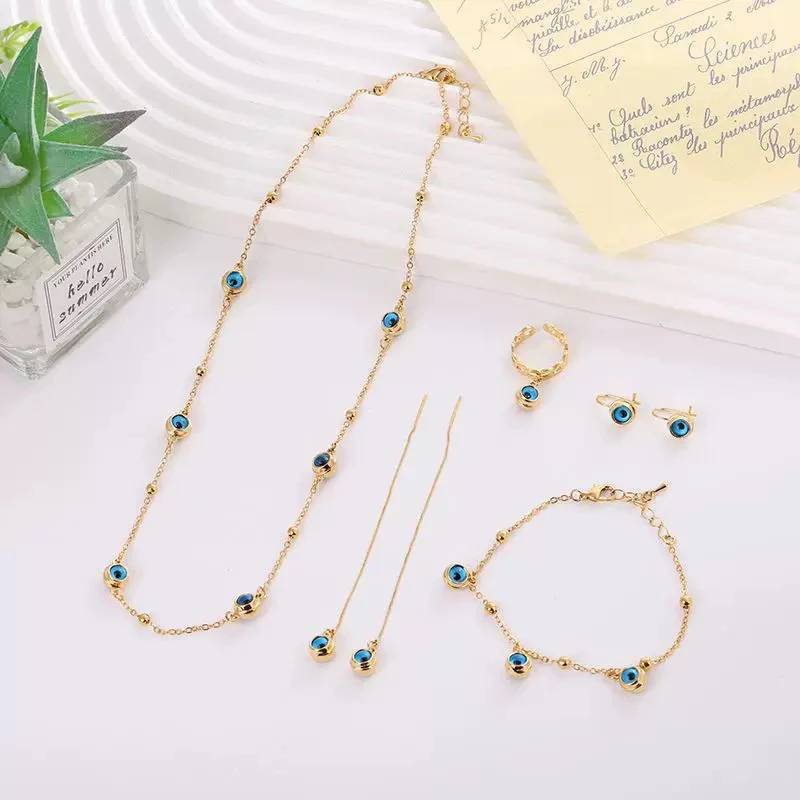 钛钢合金珐琅橄榄核项链 钛钢Xyaner时尚蓝色眼五件套首饰四件套