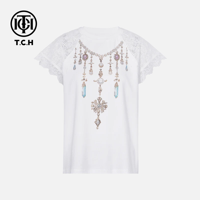 TCH轻奢烫钻工艺时尚百搭设计感白色修身T恤女T75B10E1045私服tch