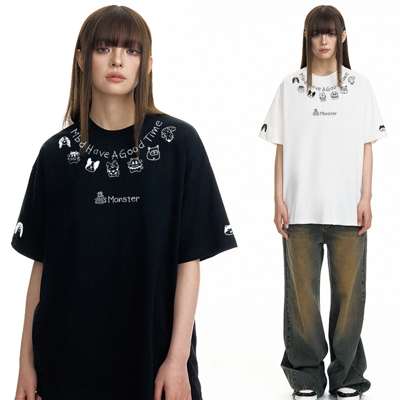 小恶魔草写花卉刺绣冰感凉皮短袖夏季宽松圆领潮流白色t恤男女