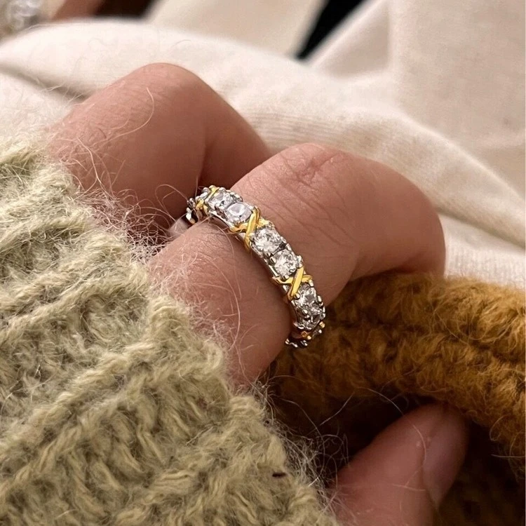 lulu韩版S925纯银时尚百搭唯美少女绑带立锆戒指拼色工艺指环