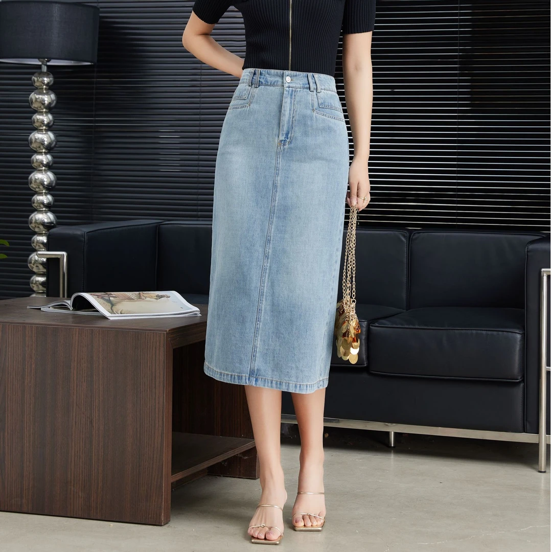 燕苹夏季新款休闲百搭高腰显瘦薄款后开叉莱赛尔牛仔半身裙C21196