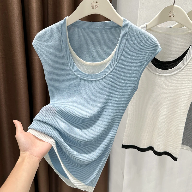 清冷韩系蓝色飞飞袖U领针织衫2025夏季新款修身显瘦弹力外穿T恤