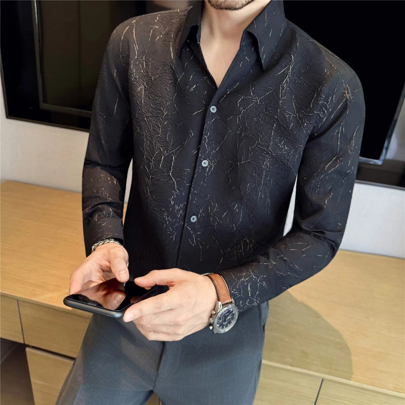 爆裂纹个性面料衬衣男长袖立体褶皱设计感V领衬衫潮黑色休闲上衣