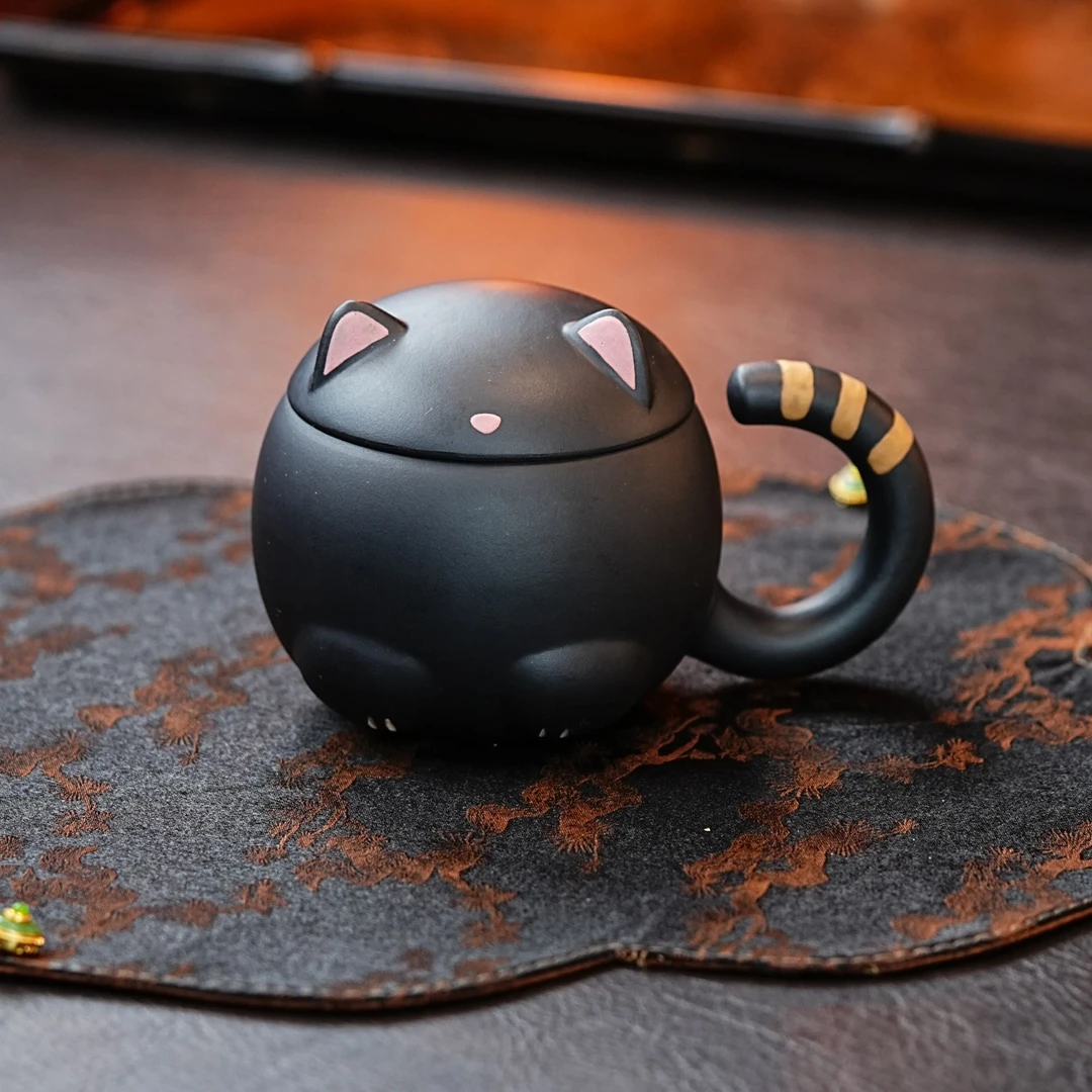 宜兴正宗紫砂石黄猫猫盖杯紫砂杯精致家用可爱盖杯茶具泡茶杯双色