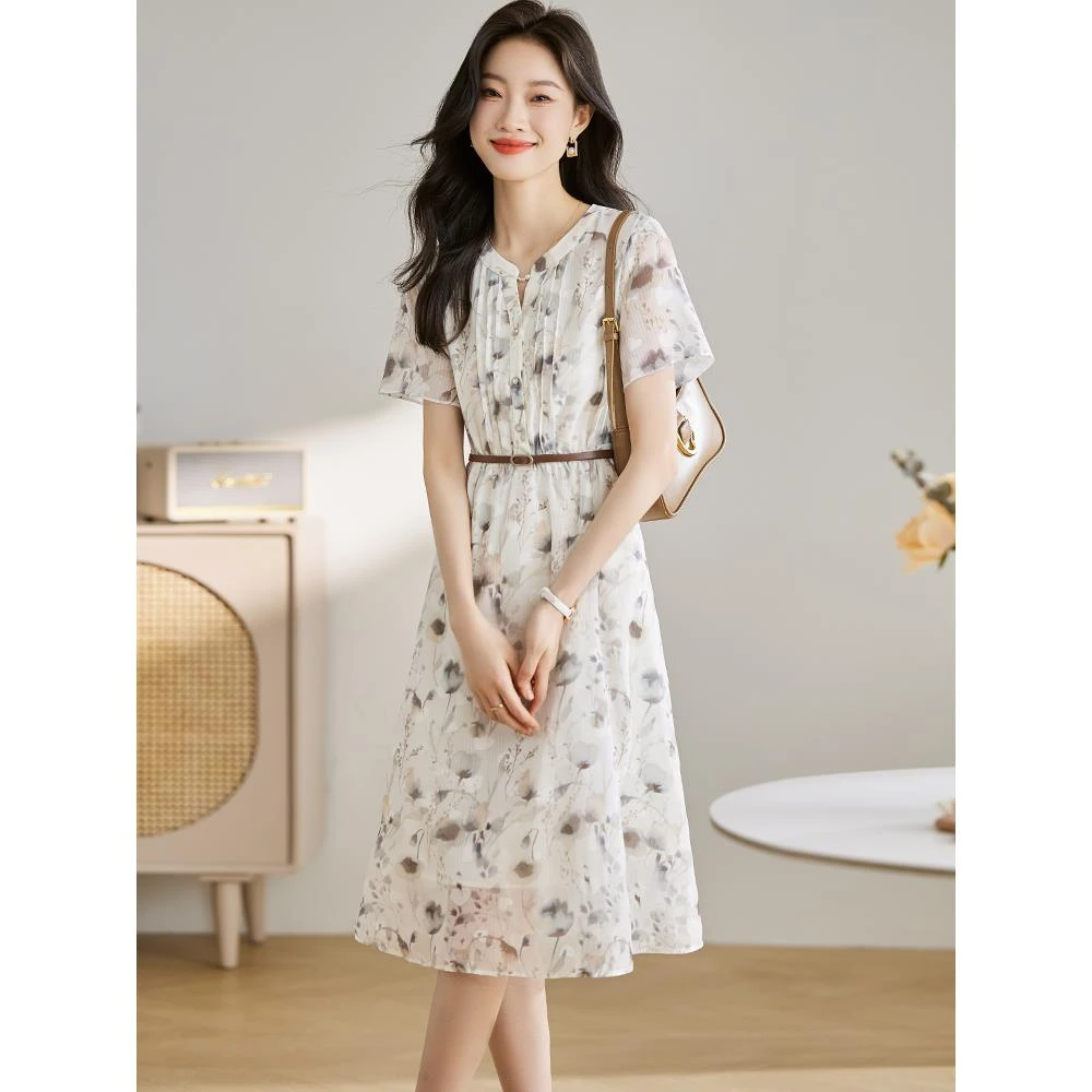 高端水墨印花雪纺短袖连衣裙女2025年夏季新款气质收腰长裙子洋气