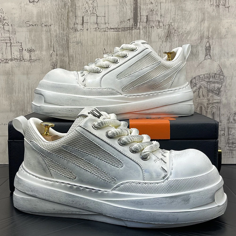 个性小众复古擦色做旧面包鞋欧货头层牛皮厚底大头低帮板鞋潮鞋子