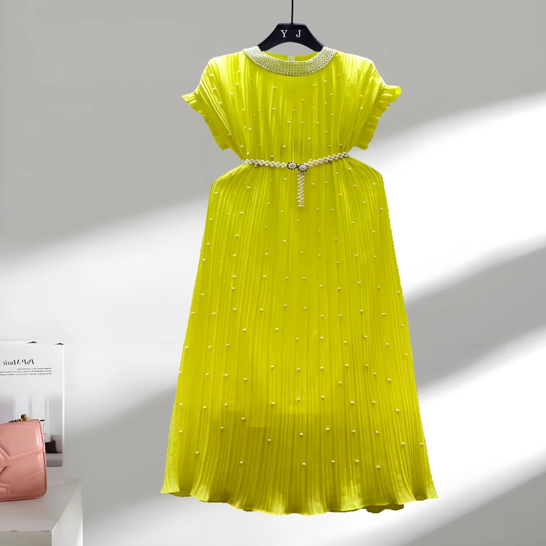 时尚潮牌连衣裙女夏装法式气质重工钉珠绑带收腰短袖压褶优雅长裙