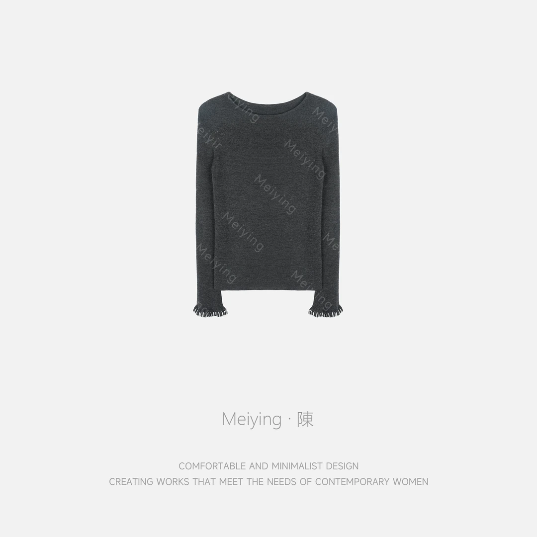 Meiying-"慵懒时光“羊毛混纺圆领拼接袖T恤YA5QT026