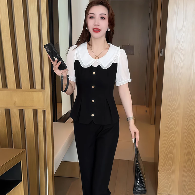 高级感休闲套装女2025年夏季新款娃娃领拼接上衣阔腿长裤两件套潮