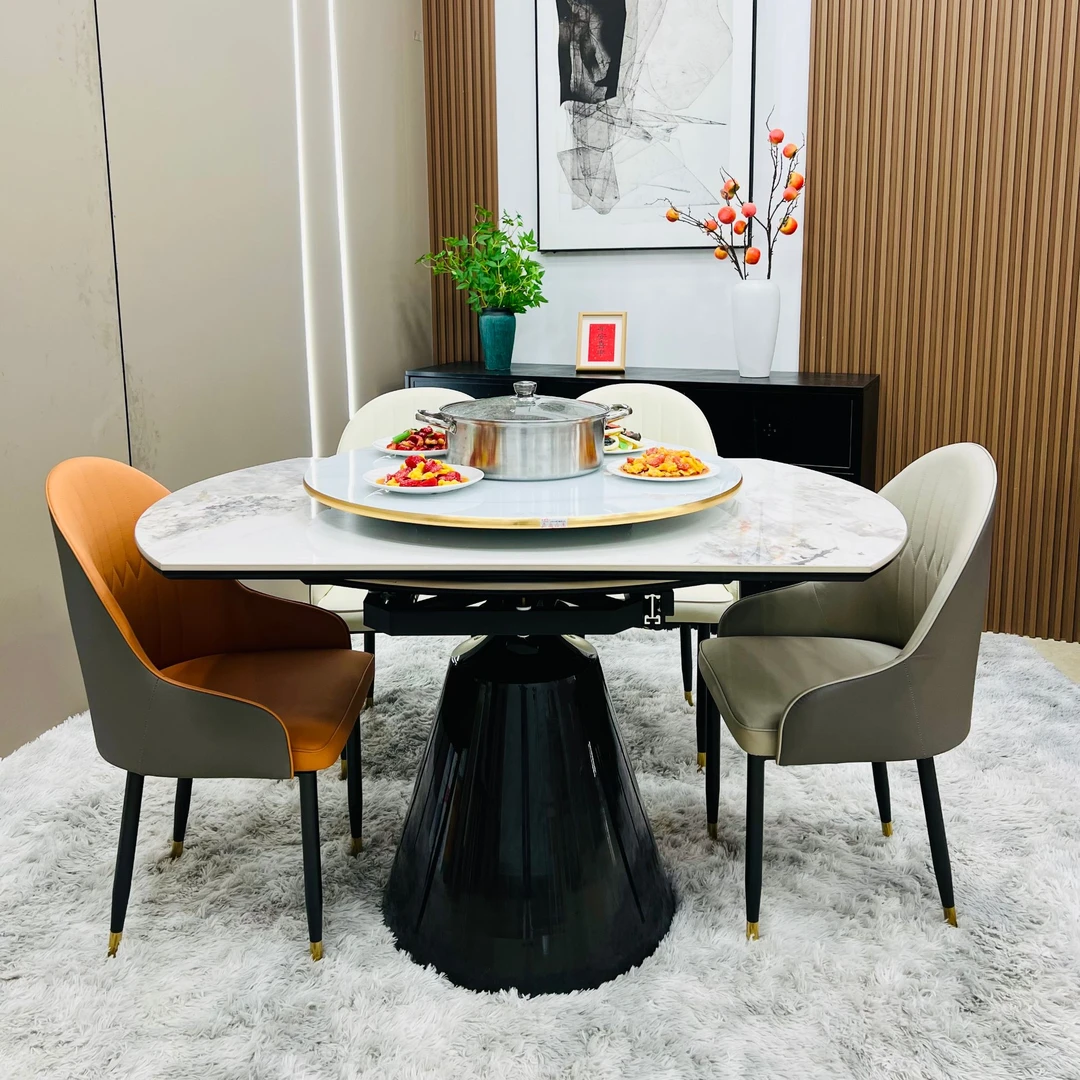 圆形餐桌岩板伸缩旋转可变圆桌带转盘意式轻奢现代简约高端方圆