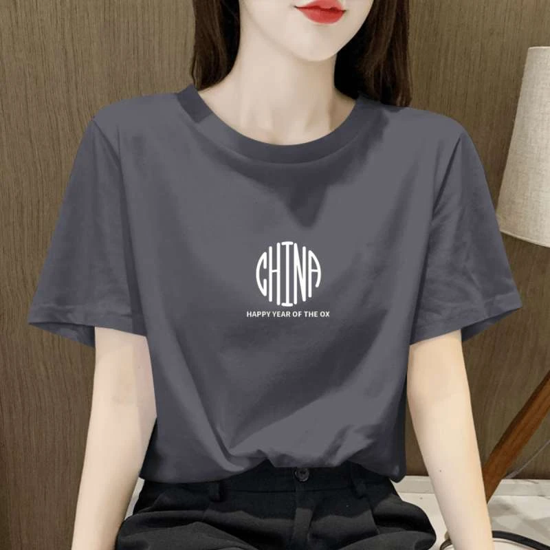 2025年新款红色短袖t恤纯棉宽松大码女装夏季半袖体恤印花上衣潮