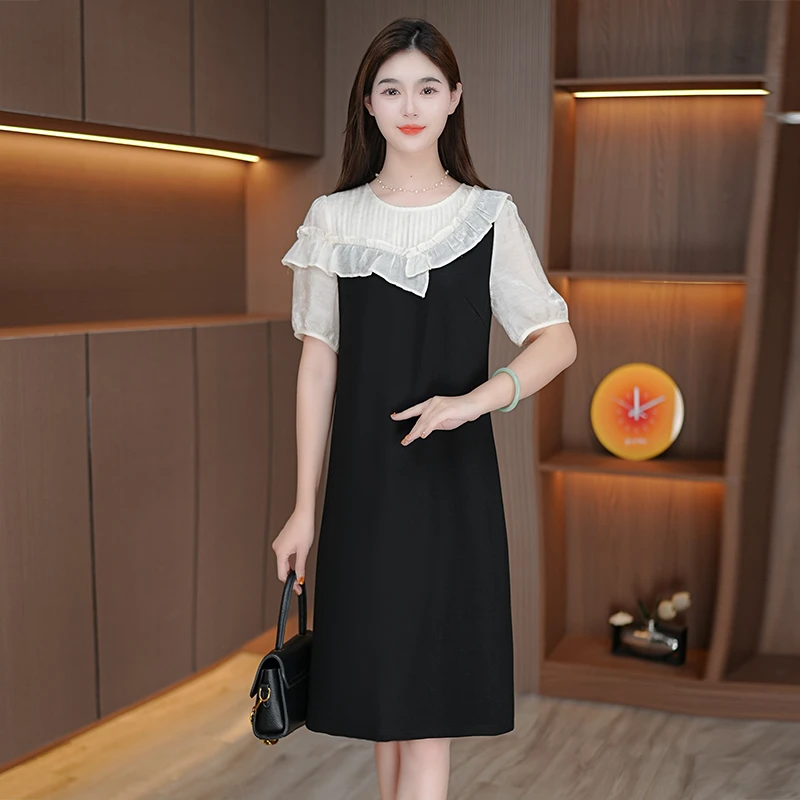 新款连衣裙花边设计感拼色显瘦小黑裙中长裙气质裙子