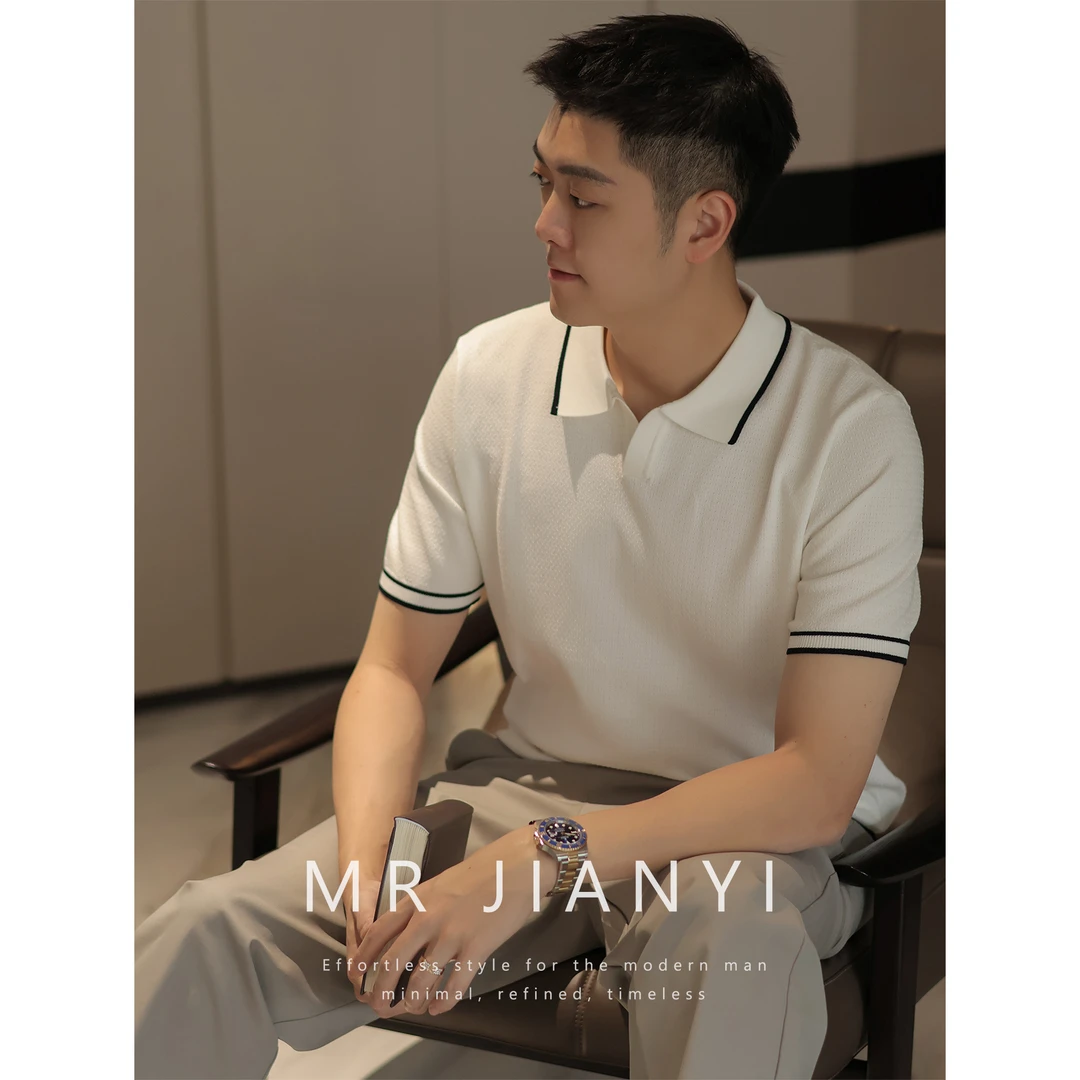 MR JIANYI 夏季高档双织提花海鸥领针织短袖冰爽丝撞色polo衫男装