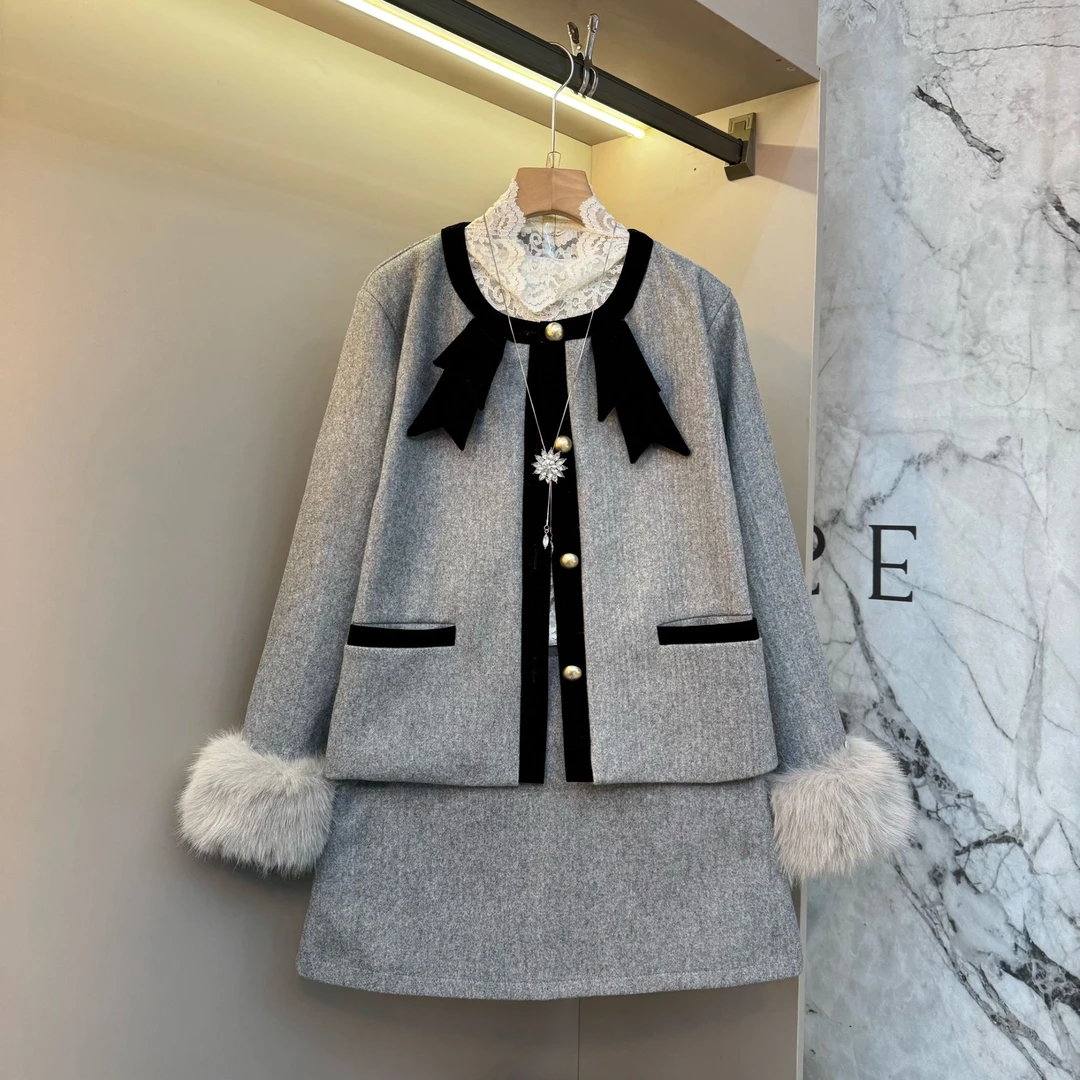2025秋冬时尚高级感小香气质法式轻奢毛袖大码外套+短裙套装5191