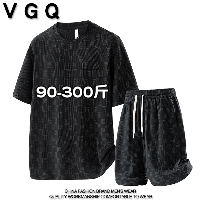 特大码男士夏季满印冰感短袖大码休闲运动套装加肥宽松半袖短裤薄