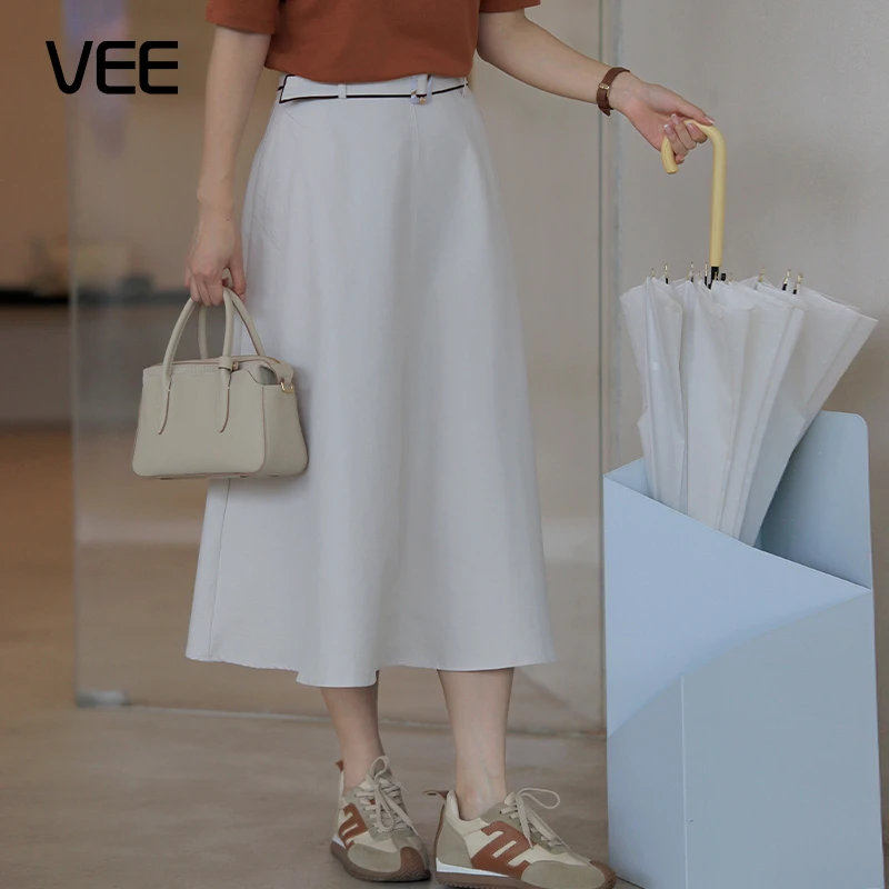 VEE【文艺范】法式撞色腰带双口袋A字通勤长半裙