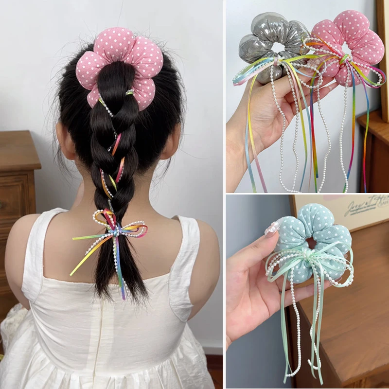 儿童立体柔软布艺花朵发圈飘带可编发扎丸子头头花宝宝甜美发饰