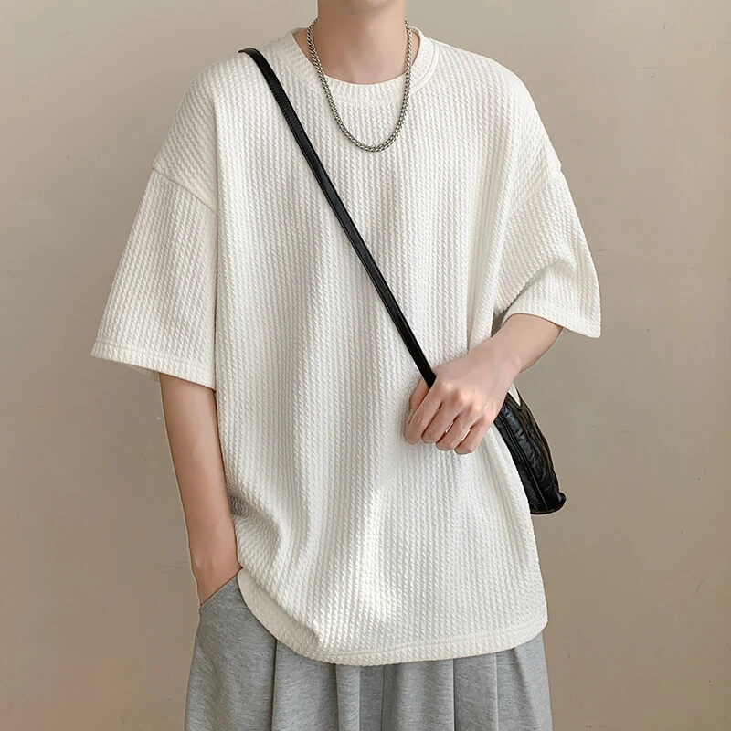 冷淡风肌理感短袖T恤男夏季薄冰丝凉感体恤垂感宽松大码五分半袖