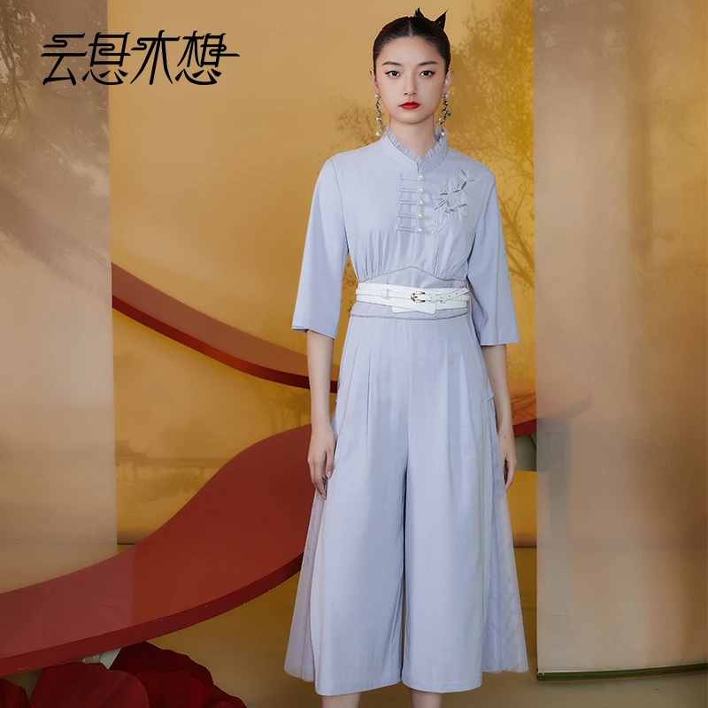 Ysimo-X云思木想新中式2024夏季新款盘扣绣花网纱拼接连体裤11618