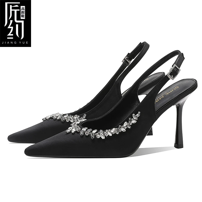2025春夏新款绸缎水钻黑色高跟鞋女细跟性感御姐气质时尚包头凉鞋