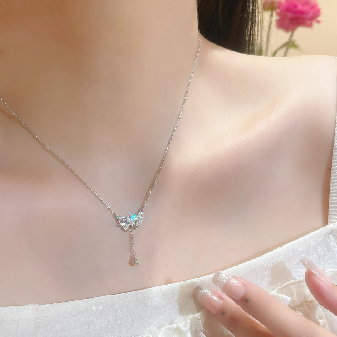 铜项链 银色满钻蝴蝶结流苏项链女气质时尚简约轻奢百搭锁骨链