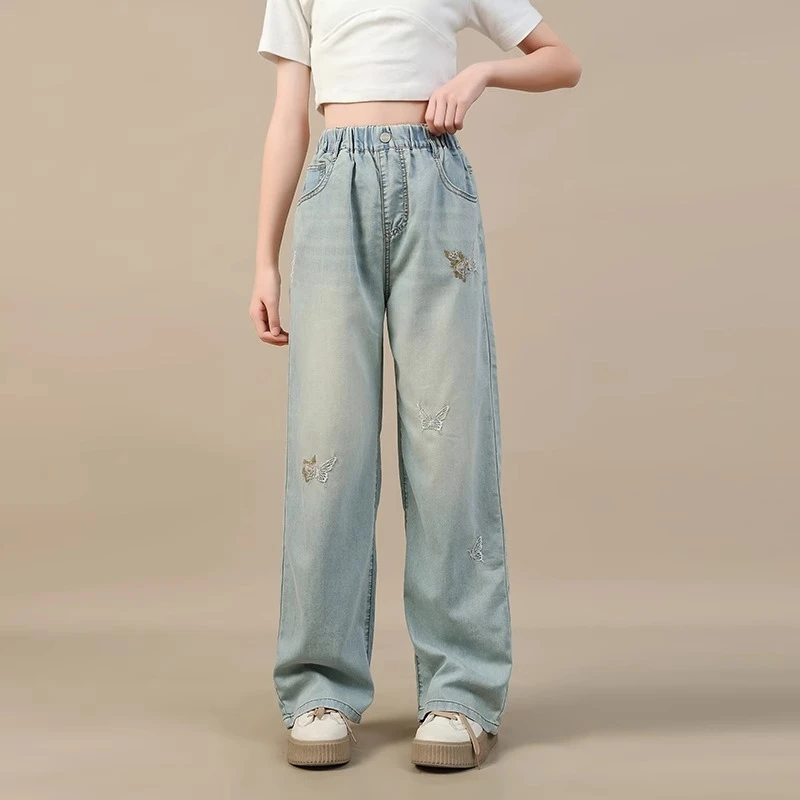 夏季新款女童牛仔裤儿童宽松阔腿薄款女孩绣花裤子zb5797简约童品