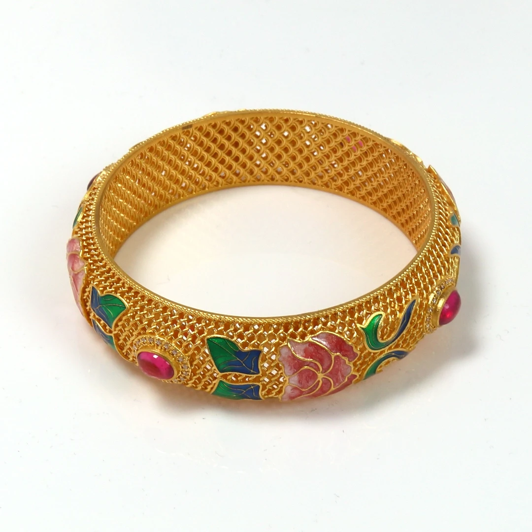 【花开牡丹贵妃镯】福鑫黄金 足金999古法花丝工艺珐琅彩黄金首饰
