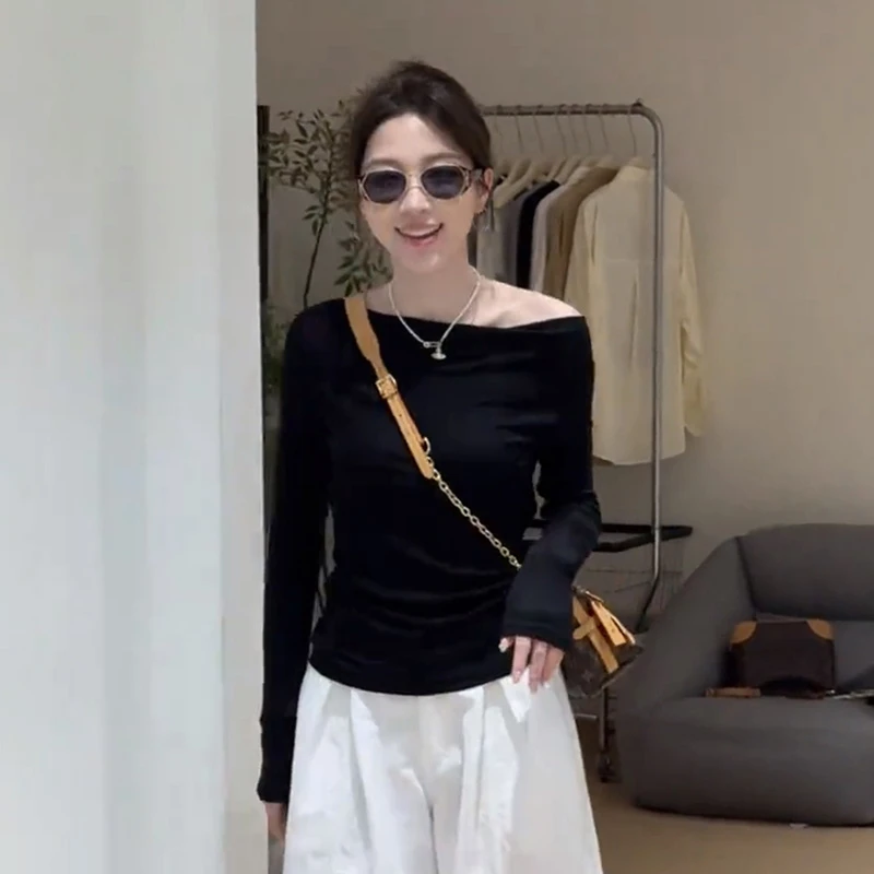 韩版时尚减龄斜肩设计感长袖T恤女2025早秋新款显瘦百搭长袖上衣