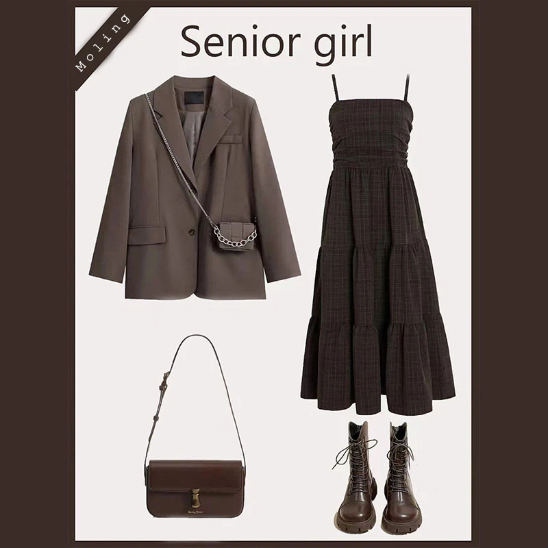 【品质专属】春季套装女穿搭气质西装外套复古显瘦吊带连衣裙两件套