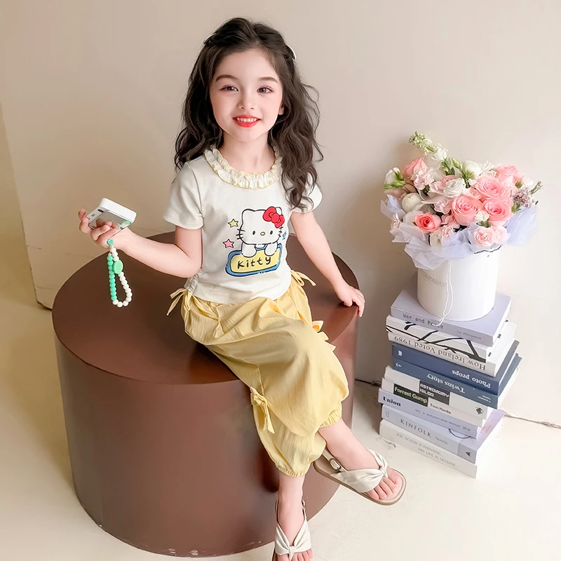 女童夏装套装2025新款儿童花边T恤防蚊裤洋气宝宝休闲短袖两件套
