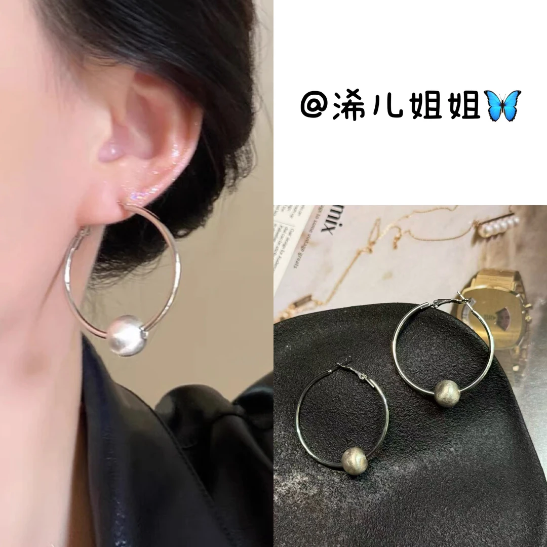 合金耳饰 【浠儿家】新款极简复古圆球珠珠耳圈独特设计冷淡风耳钉