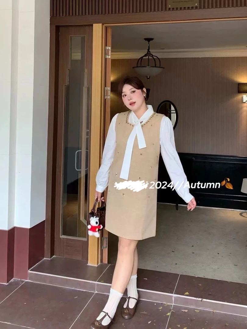 【JINGJIJI】早秋必备大码显瘦气质重工棉麻马甲+衬衫套装裙